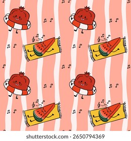 Seamless pattern with cute watermelon and pomegranate characters enjoying summer on the beach, music notes around them. Concept of fun, relaxation, and playful summer vibes