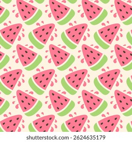 Seamless pattern with cute watermelon slices and seeds in bright colors. Playful summer fruit background for fabric, packaging, stationery, and seasonal design projects.
