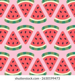 Seamless pattern with cute watermelon slices in bright colors. Playful summer fruit background for fabric, packaging, stationery, and seasonal design projects.