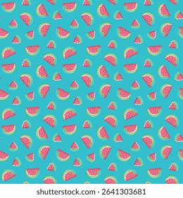 Seamless pattern of cute watermelon slices on a blue background. Summer fruit vector illustration for textile print and wallpaper.