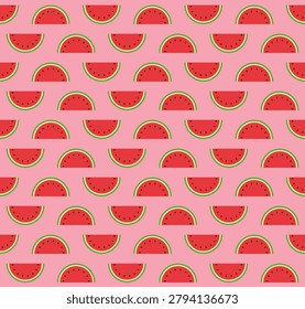 Seamless pattern with cute watermelon slices on a pastel pink background. Minimalist summer fruit vector illustration for frozen dessert packaging, baby textiles, and stationery design.
