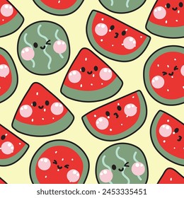 Seamless pattern of cute watermelon smile face on yellow background.Catoon character design.Fruit and vegtable hand drawn.Summer.Fresh.Kid graphic.Wallpaper.Kawaii.Vector.Illustration.