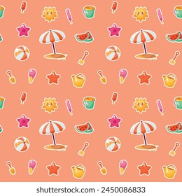 Seamless pattern with cute watermelons, ice cream and sun umbrella on orange background. Summer beach kit 