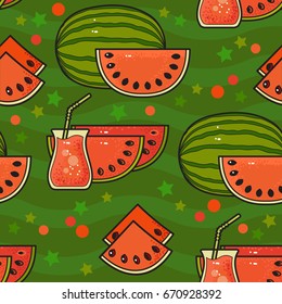 Seamless pattern with cute watermelons with seeds. Vector illustration of watermelon, watermelon slices, juice on green background. Design for greeting card and invitation of seasonal summer holiday.