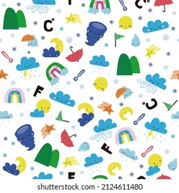 Seamless pattern with cute weather icons. Childish funny print. Vector hand drawn illustration.