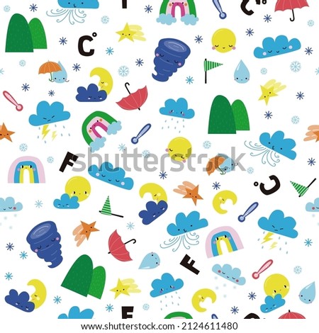 Seamless pattern with cute weather icons. Childish funny print. Vector hand drawn illustration.