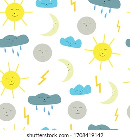 Seamless pattern cute weather sun moon clouds on white background