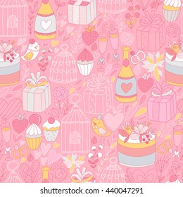 Seamless pattern with cute wedding objects. Adorable sweet cupcakes, birds, cage, gifts, flowers, strawberry. Wallpaper for wrapping paper, fabric textile design. Vector art. Food illustration. 