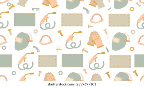 Seamless pattern with cute welding equipment, mask, glove, torch, bolt and metal plate on a white background