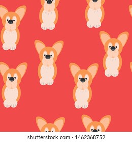 Seamless pattern with cute welsh corgi pembroke on red background. Cute dogs.