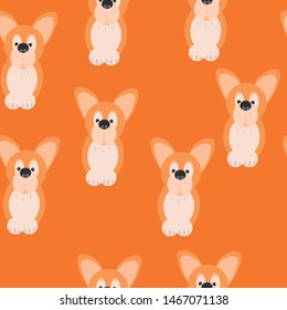 Seamless pattern with cute welsh corgi pembroke on orange background.
