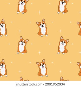 Seamless pattern of cute welsh corgi. Cartoon design animal character flat vector style. Baby texture for fabric, wrapping, textile, wallpaper, clothing. Cartoon corgi with stars. Funny little doggy.