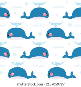 Seamless pattern of cute whale cartoon on white background.Animal of sea.Underwater.Repeat.Summer.Kawaii.Vector.Illustration.