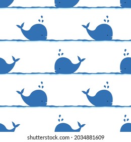 Seamless pattern with cute whale cartoons on blue sea wave background vector illustration.