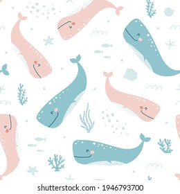 Patrón sin foco con ballena linda. Huella infantil. Ilustraciones vectoriales