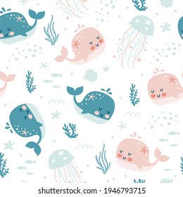 Patrón sin foco con ballena linda. Huella infantil. Ilustraciones vectoriales