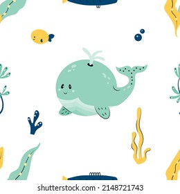 Seamless pattern with cute whale, fish and sea plants. Colorful childish texture. Summer underwater creatures background for package, wrapping paper, print, card, fabric, textile, wallpaper, web