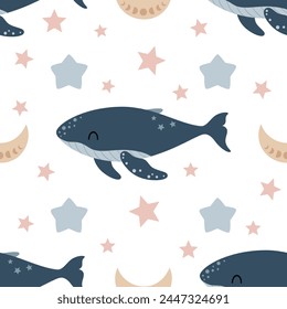 Seamless pattern with cute whale, moon and stars. Boho baby pattern perfect for scrapbook paper, decor, background, fabric, textile, wallpaper. Adorable hand drawn vector design