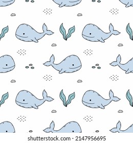 Seamless pattern with cute whale in sea. Endless wallpaper in nursery. Printing on fabric and wrapping paper.