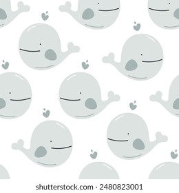 Seamless pattern with cute whale. Sea character. For for kids design, fabric, wrapping, cards, textile, wallpaper, apparel. Isolated vector cartoon illustration in flat style on white background.