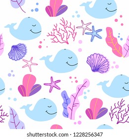 Seamless pattern with cute whale, seachells, sea corals and plants in cartoon style