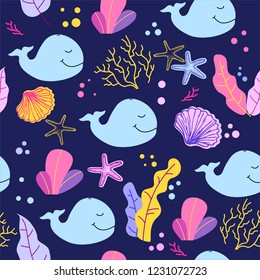 Seamless pattern with cute whale, seachells, sea corals and plants in cartoon style