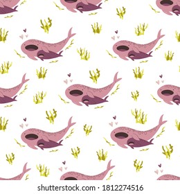 Seamless pattern with cute whale shark families. Vector illustration for nursery designs, wrapping paper, clothing, fabric.