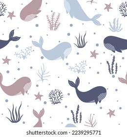 Seamless pattern with cute whale, stars and seaweed