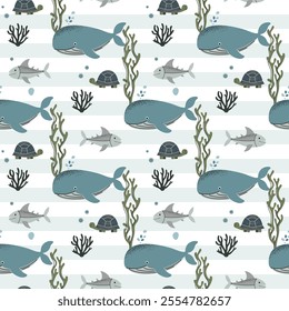 Seamless pattern with cute whale and turtle. Marine animals. Cartoon sea. Background with underwater characters.