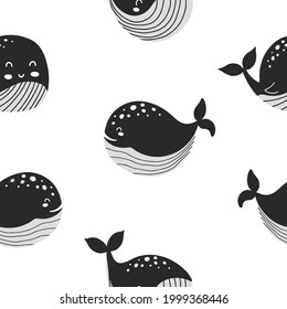 Seamless pattern with cute whales in black scandinavian style for childrens print