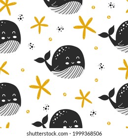 Seamless pattern with cute whales and black starfish in scandinavian style for kids design