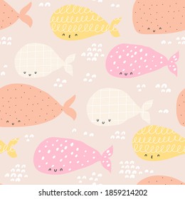 Seamless pattern with cute whales. Childish texture.