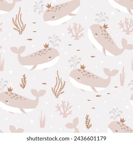 Seamless pattern with cute whales. Pattern for children. Hand drawn design in scandinavian style. Vector illustration