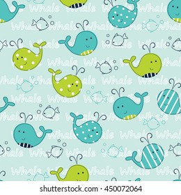 Seamless pattern with cute whales, fish and lettering