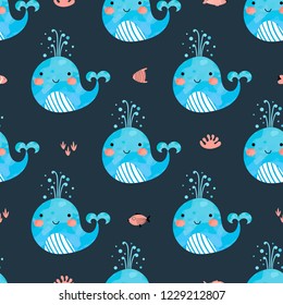 Seamless pattern with cute whales and fishes on a blue background. Illustration for children in a vector.