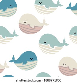 Seamless pattern with cute whales in hand drawn style. for children's clothing, wallpaper or packaging