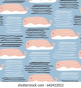 Seamless pattern with cute whales and hand drawn elements. Cute marine background. Vector Illustration.