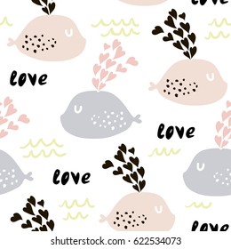 Seamless pattern with cute whales and hearts. Cute marine background. Vector Illustration.