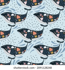 Patrón sin foco con ballenas lindas con tesoros marinos en un cuerpo. Textura azul marino chillón para tela, textil, vestimenta. Fondo del vector