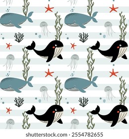 Seamless pattern with cute whales. Marine animals. Cartoon sea. Background with underwater characters.