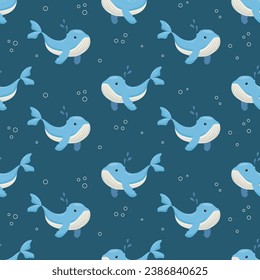 Seamless pattern with cute whales on a dark blue background. Children's pattern for clothes. Vector illustration