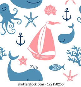 Seamless pattern with cute whales, sailing, octopus. Vector illustration.