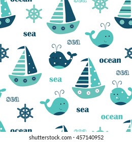 Seamless pattern with cute whales, sailing ships and lettering