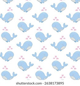 Seamless pattern of cute whales and small hearts, vector illustration.