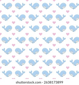 Seamless pattern of cute whales and small hearts, vector illustration.