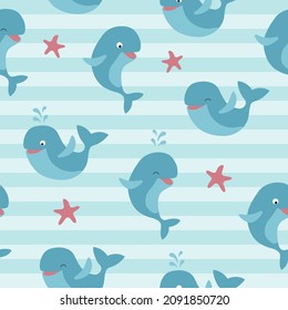 Seamless pattern of cute whales and starfish on blue striped background. Vector illustration
