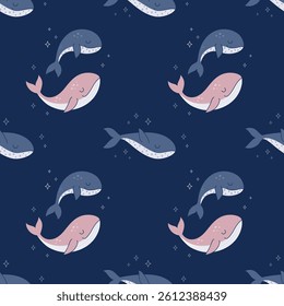 Seamless pattern with cute whales swimming in the sky with stars
