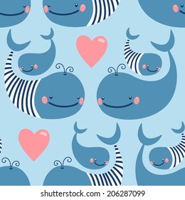 Seamless pattern with cute whales. Vector illustration.