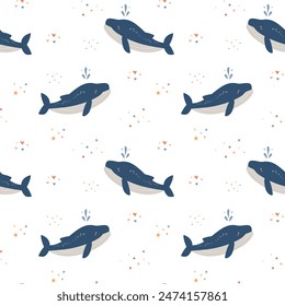 Seamless pattern with cute whales. Vector kids illustration. Sea animal, sea life. Funny kids print for interior design, textile. Flat design. Underwater life.