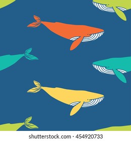 Seamless pattern with cute whales. Vector illustration.
